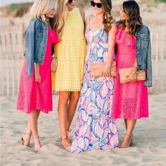 Lilly Pulitzer Indira Mock Collar Tiered Panel Eyelet Swing Dress Lemon Yellow - Picture 6 of 16